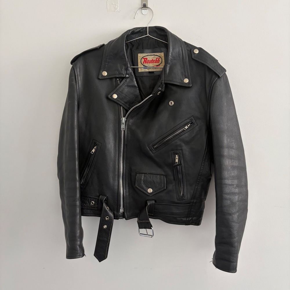 Route 66 Vintage 80s Black Leather Biker Moto Jacket Belted Size 36